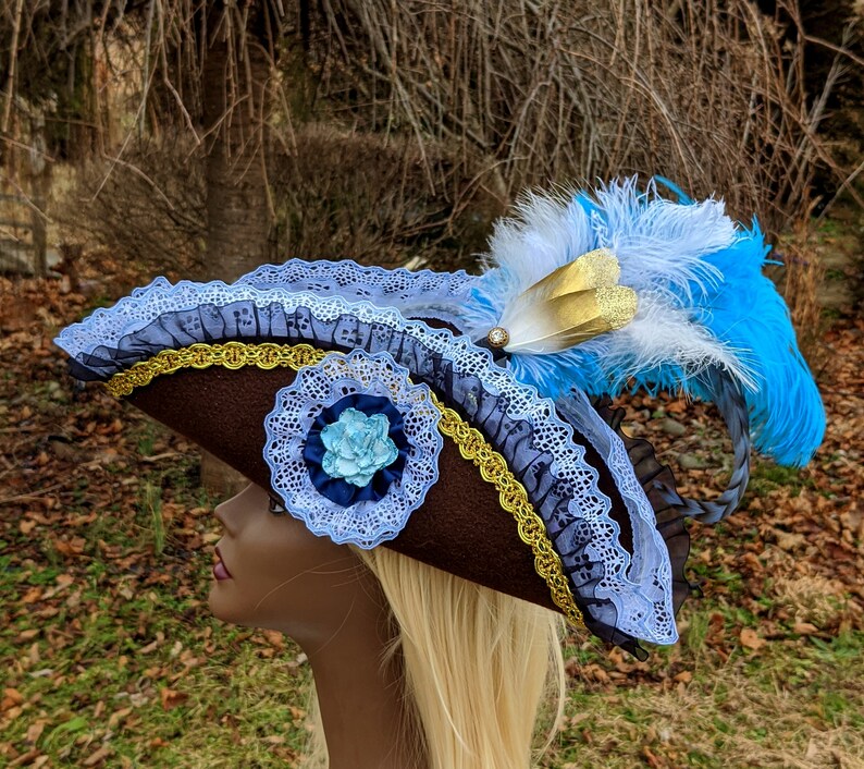 Light Blue Pirate Tricorn Hat MEDIUM brown Corset top woman\u2019s fancy pirate cosplay fascinator jack sparrow Halloween Burlesque