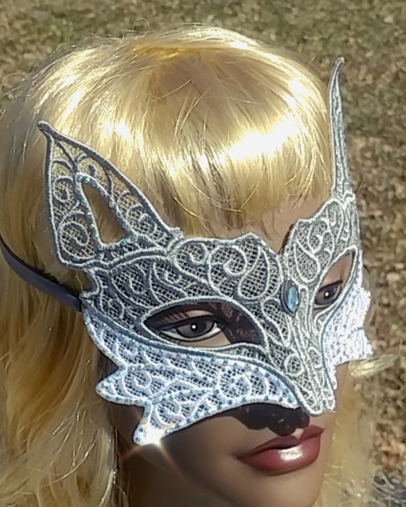 Custom Freestanding lace Fox Mask Crystal Rhinestones Freestanding Lace Masquerade Ball Steampunk foxy, Mardi Gras boudoir kitsune mask image 9