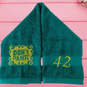 Custom DON'T PANIC Embroidered Hand Towel Hitchhikers Intergalactic Traveler towel day 42nd birthday image 4