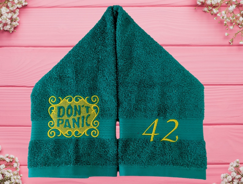 Custom DON'T PANIC Embroidered Hand Towel Hitchhikers Intergalactic Traveler towel day 42nd birthday image 4