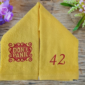 Custom DON'T PANIC Embroidered Hand Towel Hitchhikers Intergalactic Traveler towel day 42nd birthday image 7