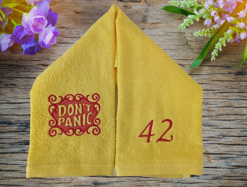 Custom DON'T PANIC Embroidered Hand Towel Hitchhikers Intergalactic Traveler towel day 42nd birthday image 7