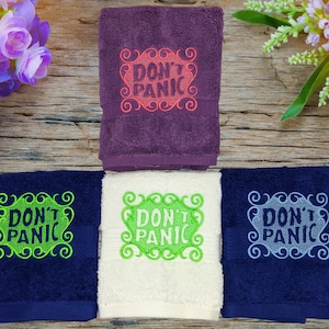 Custom DON'T PANIC Embroidered Hand Towel Hitchhikers Intergalactic Traveler towel day 42nd birthday image 5