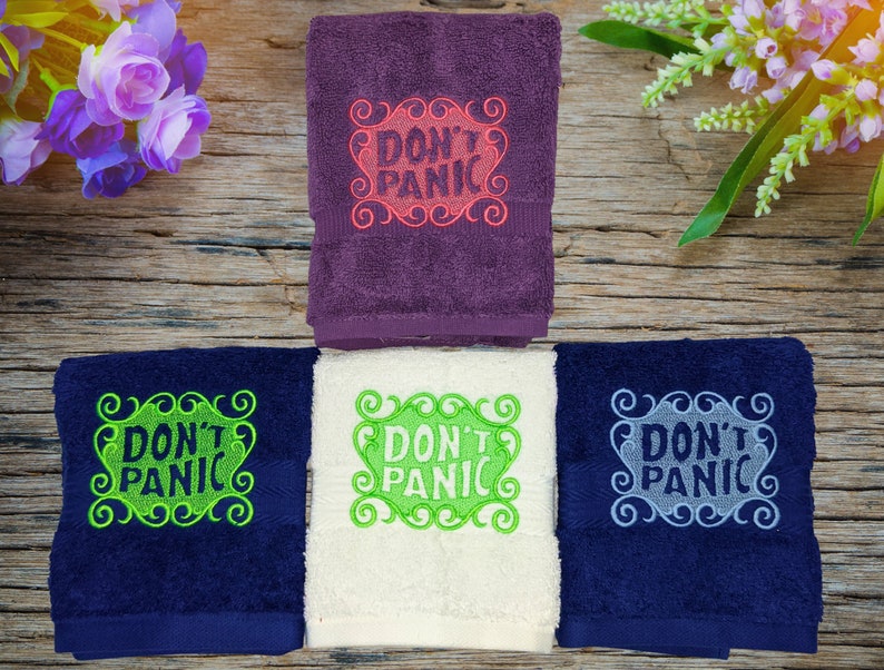 Custom DON'T PANIC Embroidered Hand Towel Hitchhikers Intergalactic Traveler towel day 42nd birthday image 5