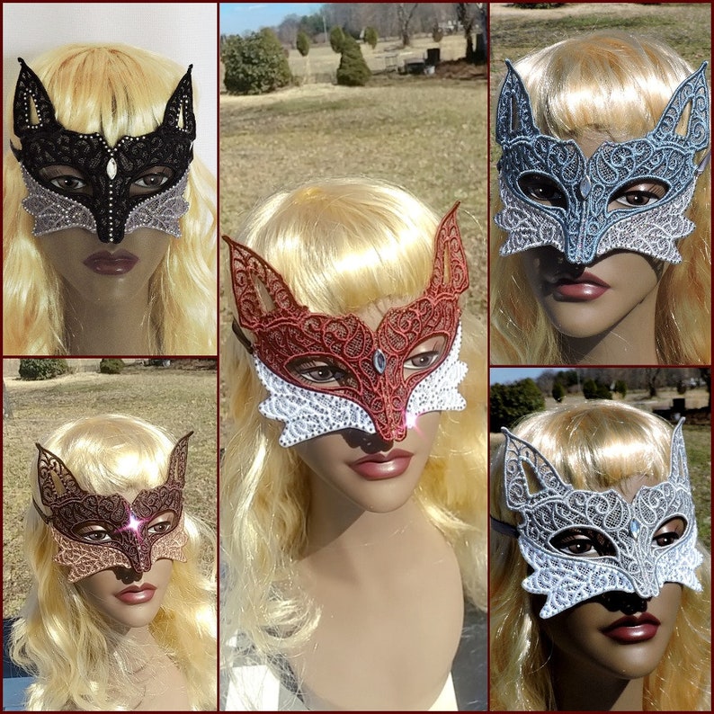 Custom Freestanding lace Fox Mask Crystal Rhinestones Freestanding Lace Masquerade Ball Steampunk foxy, Mardi Gras boudoir kitsune mask image 1