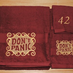 Custom Don&#39;t Panic Embroidered towel set Hitchhiker&quot;s Guide towel day Douglas Adams 42nd birthday HHGTTG bathroom  H2G2 made to order