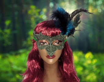 Dark green Raven Mask Halloween - FSL boudoir mask - Masquerade Ball - Steampunk Crow Bird Mardi Gras  Swarovski Crystal