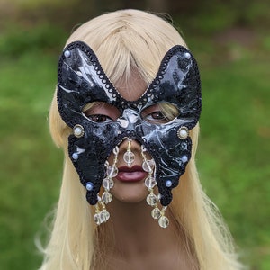 Black & white masquerade costume mask Beaded Mardi Gras costume Ball mask Venetian party mask carnival Abstract Painted mask