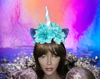 Unicorn horn headpiece with ears for photo prop, or unicorn birthday party. floral fantasy Festivals Headpiece or Cosplay, Flower Crown