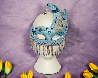 Blue Masquerade Mask for Mardi Gras and Halloween Parties. Venetian Style Carnival Mask, Handmade Festival Mask for Women and Men