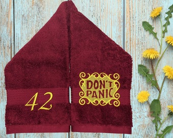 Custom DON'T PANIC Embroidered Hand Towel Hitchhikers Intergalactic Traveler towel day 42nd birthday