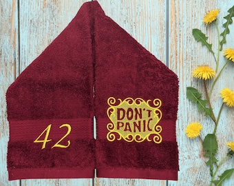 Custom DON'T PANIC Embroidered Hand Towel Hitchhikers Intergalactic Traveler towel day 42nd birthday