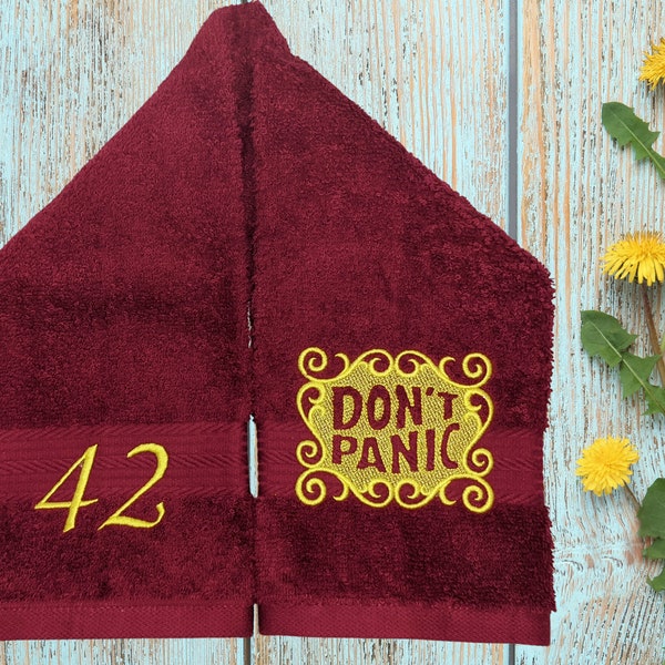 Custom DON'T PANIC Embroidered Hand Towel Hitchhikers Intergalactic Traveler towel day 42nd birthday Made to order