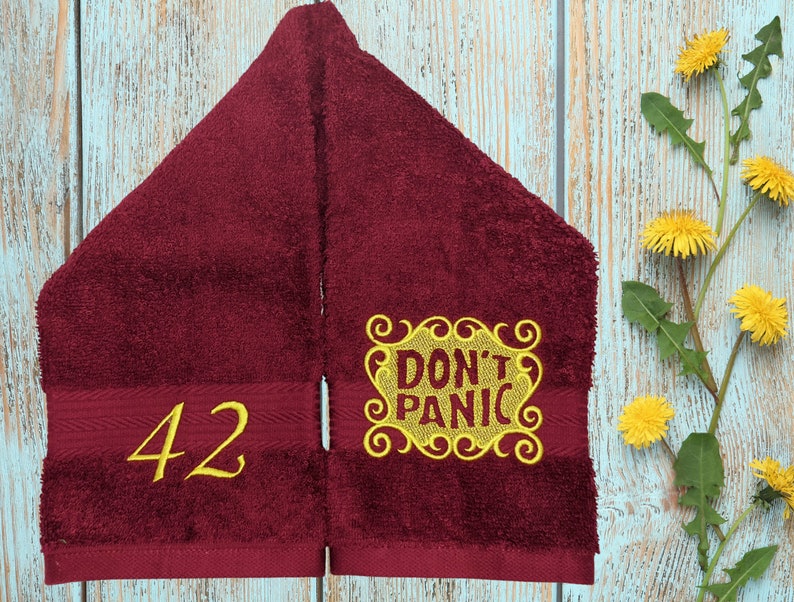 Custom DON'T PANIC Embroidered Hand Towel Hitchhikers Intergalactic Traveler towel day 42nd birthday image 1