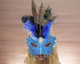 Blue Masquerade Mask Paint-Poured OOAK Costume Mask, Venetian Party, Carnival Mardi Gras, Halloween Ball. Feathers & Elastic Tie