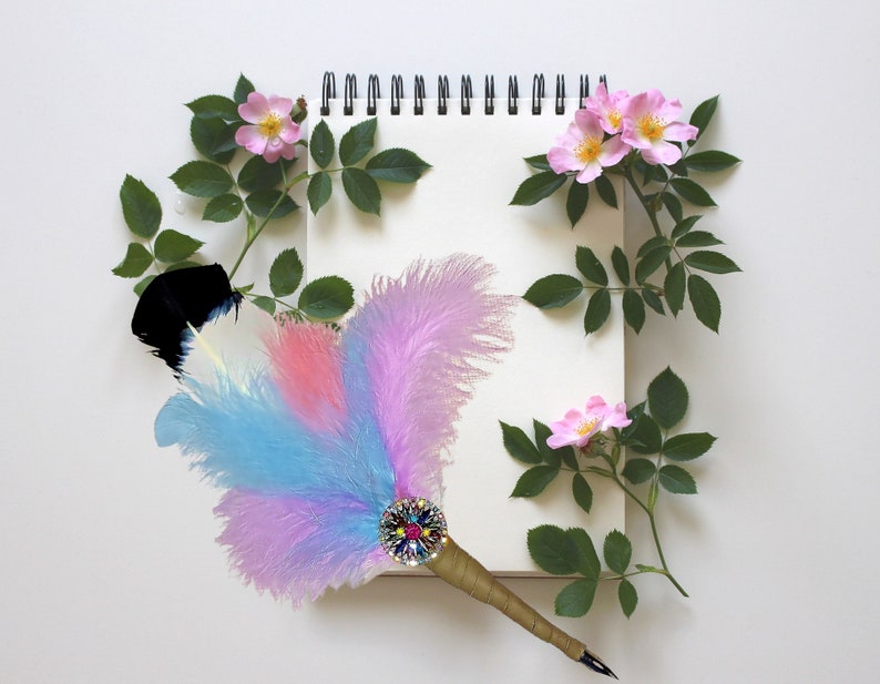 May include: A blank notebook with a spiral binding surrounded by pink rose blossoms and a colorful feather pen with a jeweled tip.