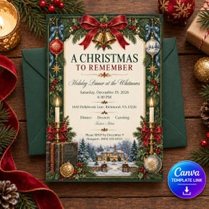 Könnte beinhalten: Eine rechteckige Weihnachtseinladungskarte mit einem dunkelgrünen Rand aus Tannenzweigen, roten Schleifen, goldenen Glocken und Weihnachtskugeln. Der Text lautet A CHRISTMAS TO REMEMBER, Holiday Dinner at the Whitmores, 19. Dezember 2026, 18:30 Uhr.
