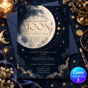 Puede incluir: Una tarjeta de invitación azul oscuro con una luna llena grande y detallada y fases lunares. El texto dice: An Evening Under the MOON, LUNAR CELESTIAL SOIRÉE, Saturday, November 13, 2027, 7:30 PM, The Observatory Terrace, 72 Skyline Avenue, Seattle, WA.