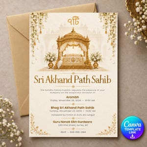 Pode incluir: Um convite de cor creme para uma cerimônia Sri Akhand Path Sahib. O design apresenta um dossel dourado, guirlandas florais e texto detalhando o evento, incluindo a data, hora e local no Guru Nanak Sikh Gurdwara em Surrey, na Colúmbia Britânica.