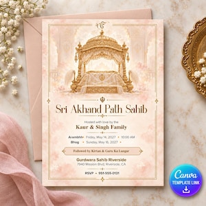 Pode incluir: Um cartão de convite retangular com uma ilustração de dossel dourado no topo. O texto diz Sri Akhand Path Sahib, Hosted with love by the Kaur & Singh Family, Arambhh Friday, May 14, 2027, 10:00 AM, Bhog Sunday, May 16, 2027.