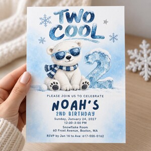 May include: A rectangular birthday invitation card featuring a watercolor illustration of a polar bear wearing blue sunglasses and a striped scarf. The text reads TWO COOL, NOAH'S 2ND BIRTHDAY, Sunday, January 24, 2027, 12:00-3:00 PM, Snowflake Room, 60 Frost Avenue, Boston, MA.