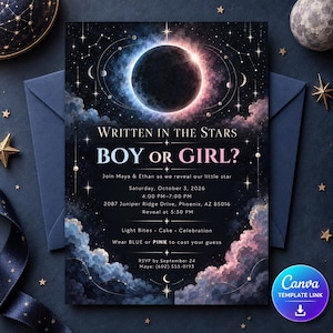 Puede incluir: Una tarjeta de invitación rectangular para revelación de género con un fondo celeste oscuro, un eclipse central, nubes azules y rosas y estrellas. El texto dice: WRITTEN IN THE STARS BOY OR GIRL? Join Maya & Ethan as we reveal our little star.