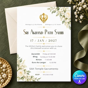 Pode incluir: Um cartão de convite retangular branco com um símbolo Khanda dourado, ilustrações florais de rosas brancas e folhas verdes, e texto preto detalhando um evento Sri Akhand Path Sahib em 17 de janeiro de 2027 no Sikh Temple Sacramento.
