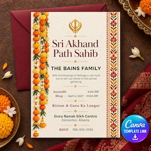 Può includere: Un biglietto d'invito rettangolare per una cerimonia Sri Akhand Path Sahib con un simbolo Khanda dorato, ghirlande di calendule arancioni e gialle a sinistra e un bordo floreale a destra. Il testo include The Bains Family e i dettagli dell'evento.
