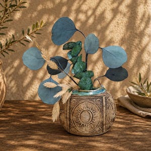 Könnte beinhalten: Eine runde, beige Keramikvase mit geprägten Sonnen- und Mondmotiven an der Außenseite. Die Vase hat einen türkisfarben glasierten Rand und enthält ein dekoratives Arrangement aus blauen Eukalyptusblättern und getrockneten Weizenhalmen.