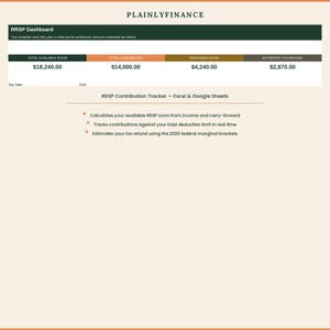 Peut inclure: Une interface de feuille de calcul RRSP Dashboard intitulée PLAINLYFINANCE. Elle affiche un suivi pour l'année fiscale 2026 avec des colonnes pour un montant disponible de 18 240,00 $, 14 000,00 $ cotisés, 4 240,00 $ restants et 2 870,00 $ de remboursement.