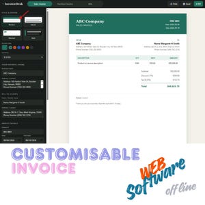 Könnte beinhalten: Eine digitale Benutzeroberfläche für die InvoiceDesk-Software, die eine Rechnungsvorlage mit dunkelgrüner Kopfzeile, Firmendaten und detaillierten Abrechnungsfeldern zeigt. Die Seitenleiste enthält Einstellungen für Stil, Design und Währung.