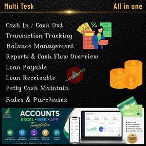 Può includere: Un modello digitale per la contabilità aziendale con il testo: Multi Tesk All in one, Cash In / Cash Out, Transaction Tracking, Balance Management, Reports & Cash Flow Overview, Loan Payable, Loan Receivable, Petty Cash Maintain, Sales & Purchases.