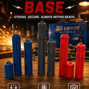 May include: A collection of cylindrical storage containers in blue, black, and red, featuring ribbed textures and top loops. The containers are labelled with the text MAGNETIC BASE, STRONG. SECURE. ALWAYS WITHIN REACH, and 3D EMPIRE WORKS.