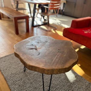 May include: A live edge coffee table featuring a thick, circular wooden slab top with a natural brown finish, visible wood grain, and knots. The tabletop is supported by three thin, black metal hairpin legs that provide a stable base.