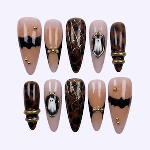 Ghost Press On Nails, Long Almond Nails, Tortoise Shell Handmade Nails, Gold Frame Nails, Black Bat Fake Nails, Halloween Nails, Party Nails