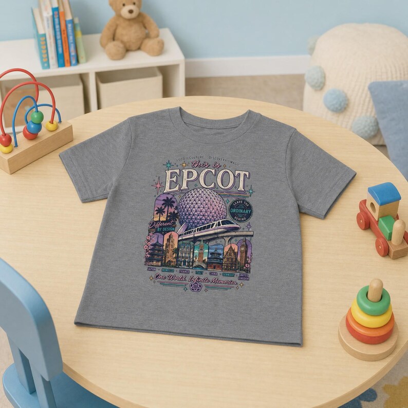 May include: A heather grey short-sleeve t-shirt featuring a colourful graphic print of the Epcot theme park. The design includes the Spaceship Earth structure, a monorail, and various international pavilion landmarks with the text This is EPCOT.