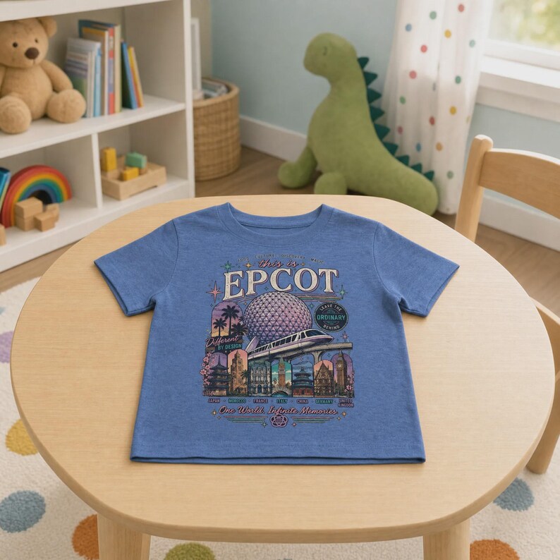 May include: A heather blue short-sleeve t-shirt featuring a graphic print of the EPCOT Spaceship Earth structure, a monorail, and various international pavilion landmarks with the text "This is EPCOT" and "One World, Infinite Memories."