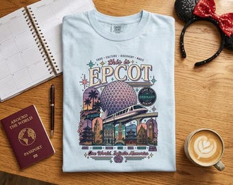 Camiseta retro inspirada en EPCOT, camiseta gráfica vintage de Comfort Colors para viajes, camiseta inspirada en World Showcase, camiseta para vacaciones en parques temáticos.
