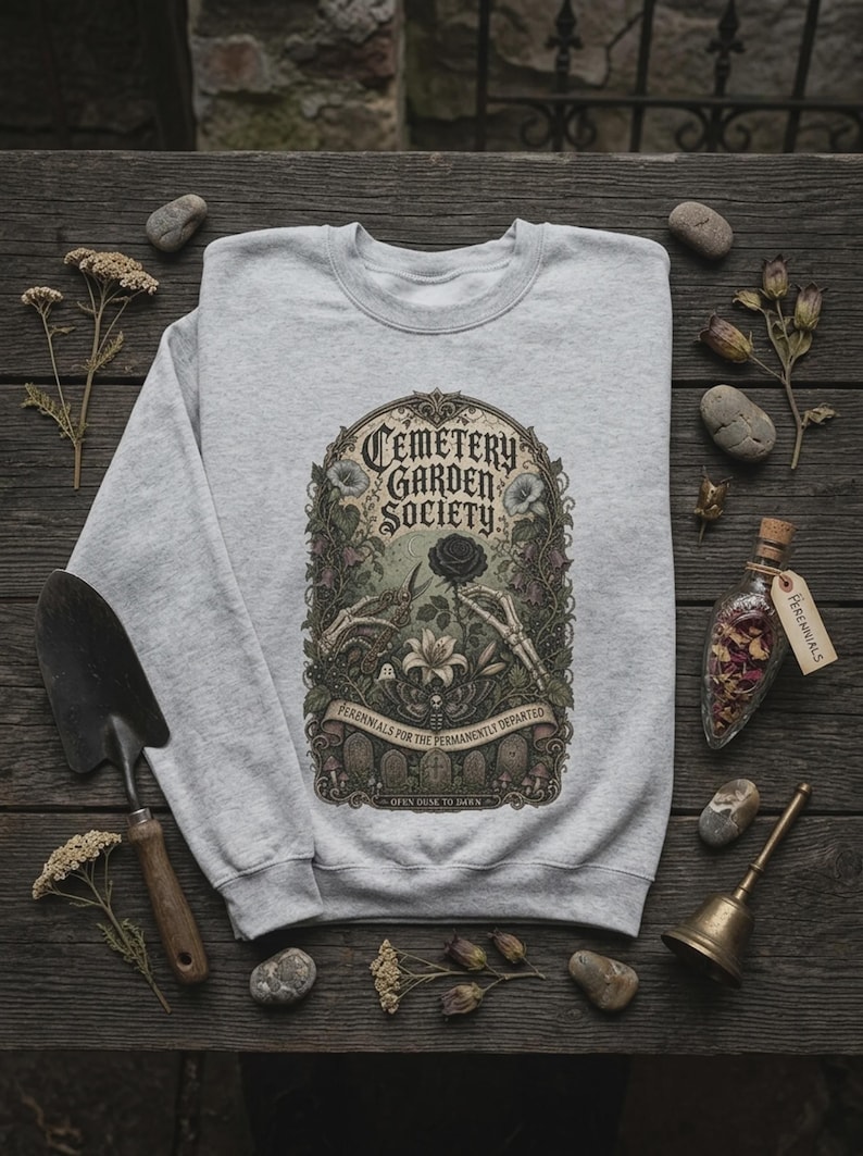 May include: A light grey crewneck sweatshirt featuring a detailed graphic print with the text Cemetery Garden Society, Perennials for the Permanently Departed, and Often Dusk to Dawn. The design includes skeletal hands, flowers, and tombstones.