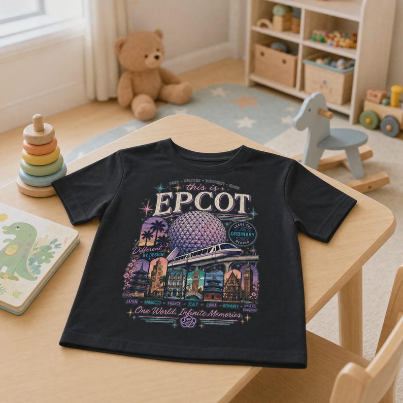 May include: A black short-sleeve t-shirt featuring a graphic print of the Epcot Spaceship Earth structure, a monorail, and various international pavilion landmarks with the text "this is EPCOT", "Different by Design", and "One World, Infinite Memories".