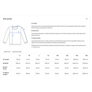May include: A size guide chart for a long-sleeve sweatshirt featuring a line drawing of the garment with labels A, B, and C. The chart provides measurements in centimeters and inches for sizes S through 5XL, detailing length, width, and sleeve length.