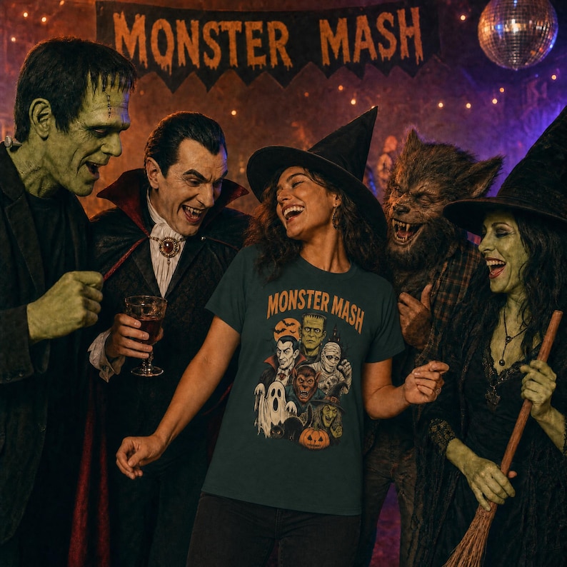 May include: A dark teal short-sleeve t-shirt featuring a graphic print of classic monsters including a vampire, mummy, and ghost with the text "MONSTER MASH" in orange lettering. The design includes a pumpkin and a black cat illustration.