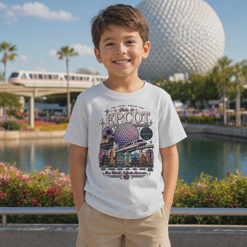 May include: A light grey short-sleeve t-shirt featuring a colourful graphic print of the Epcot theme park. The design includes the iconic geodesic sphere, a monorail, and various international pavilion structures with the text This is EPCOT.