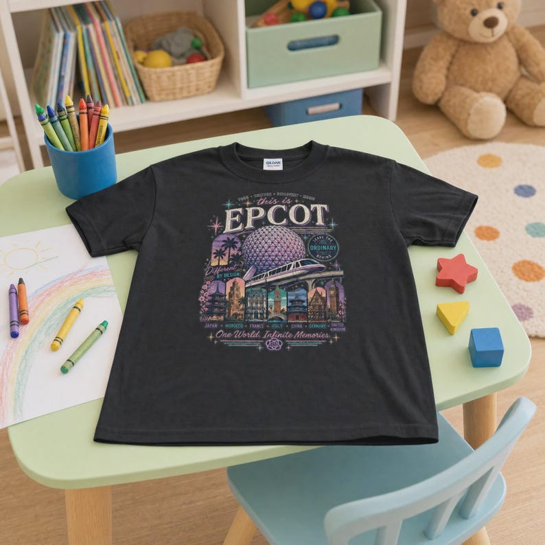 May include: A black short-sleeved t-shirt featuring a graphic print of the Epcot Spaceship Earth structure, a monorail, and various international pavilion silhouettes with the text "This is Epcot" and "One World, Infinite Memories" in a colourful design.