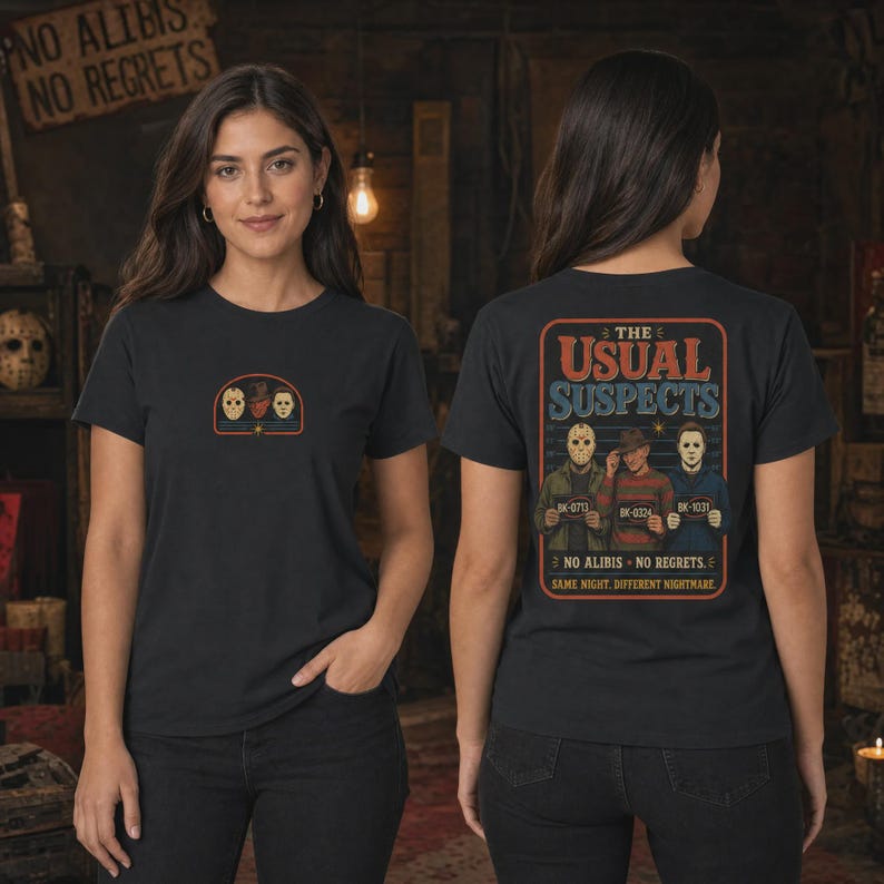 Puede incluir: Una camiseta negra con un peque&ntilde;o gr&aacute;fico en la parte delantera con tres m&aacute;scaras de personajes de pel&iacute;culas de terror. La parte trasera muestra un gr&aacute;fico grande con el texto THE USUAL SUSPECTS, tres personajes con carteles y NO ALIBIS NO REGRETS.