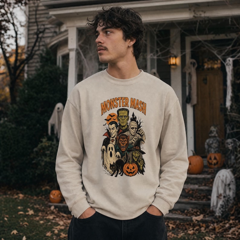 May include: A beige crewneck sweatshirt featuring a graphic print with the text Monster Mash. The design displays a collection of classic Halloween characters including a vampire, Frankenstein's monster, a mummy, a werewolf, a witch, and a pumpkin.
