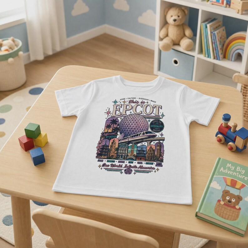 May include: A white short-sleeve t-shirt featuring a colourful graphic print of Epcot. The design includes the Spaceship Earth geosphere, a monorail, and various international pavilion landmarks with the text This is EPCOT and One World, Infinite Memories.