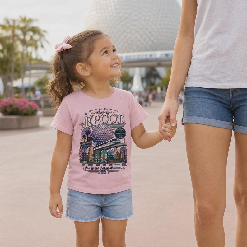 May include: A light pink short-sleeve t-shirt featuring a colourful graphic print of the Epcot theme park, including the Spaceship Earth geosphere, a monorail, and various international pavilion landmarks with the text This is EPCOT.