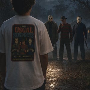 Puede incluir: Una camiseta blanca con un estampado gr&aacute;fico en la espalda con el texto THE USUAL SUSPECTS, NO ALIBIS - NO REGRETS y SAME NIGHT, DIFFERENT NIGHTMARE. El gr&aacute;fico muestra a tres personajes de pel&iacute;culas de terror en un estilo de ficha policial.