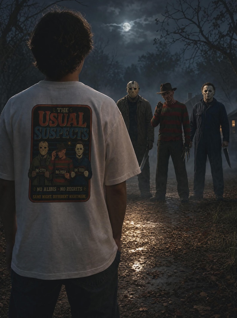 Puede incluir: Una camiseta blanca con un estampado gr&aacute;fico en la espalda con el texto THE USUAL SUSPECTS, NO ALIBIS - NO REGRETS y SAME NIGHT, DIFFERENT NIGHTMARE. El gr&aacute;fico muestra a tres personajes de pel&iacute;culas de terror en un estilo de ficha policial.